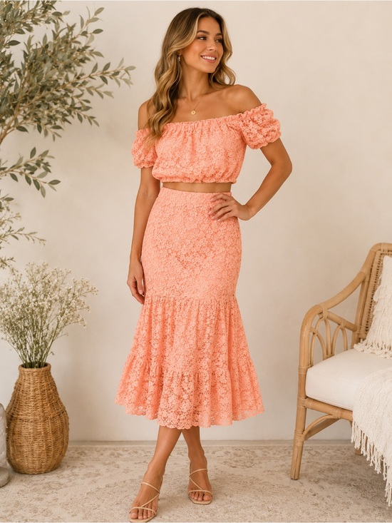 Timing Dresses & Skirts - 🌸 Peach Lace Cottagecore Two-Piece Set | Top M / Skirt L
